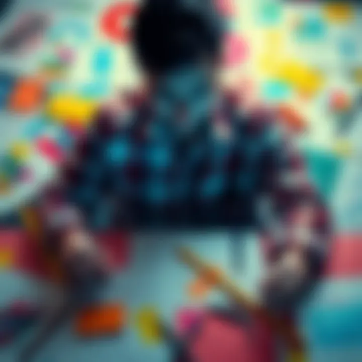 A person surrounded by colorful sketches and notes, illustrating the chaotic nature of creativity and personal struggle.