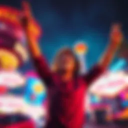 A person celebrating after getting approved for a no annual fee credit card, with Las Vegas themed items in the background.