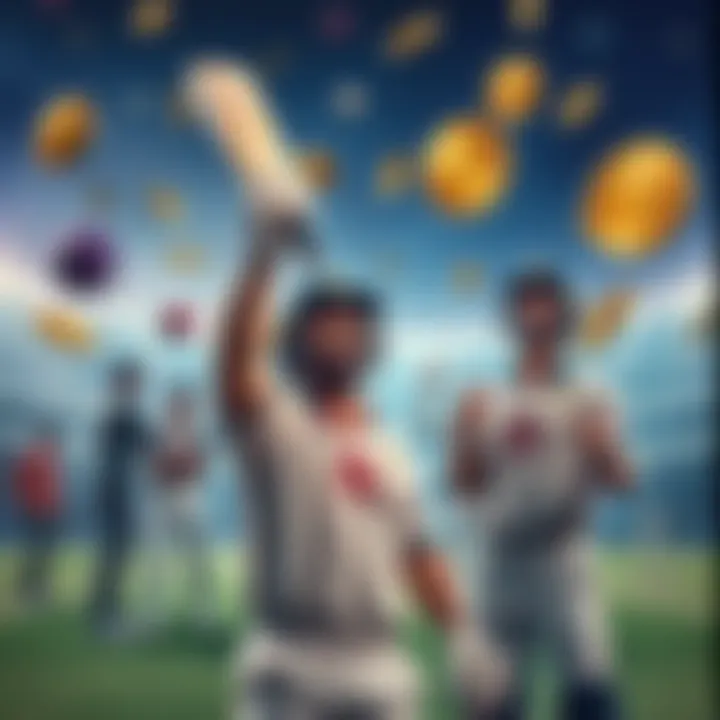 Exciting cricket match scene with players celebrating and cryptocurrency symbols in the background