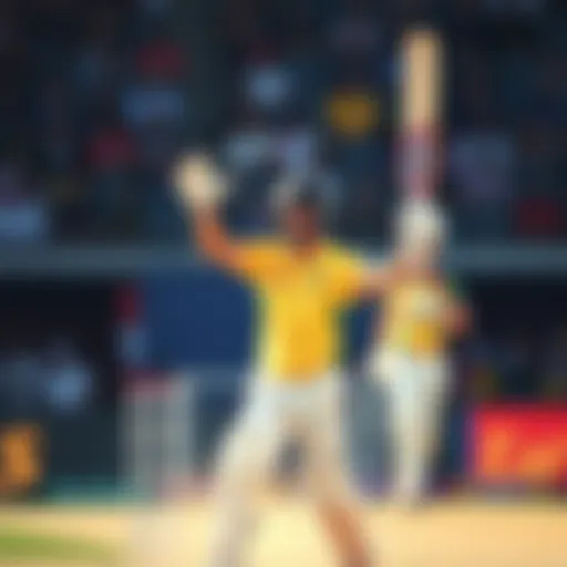 A cricket player celebrating after hitting six runs during a match