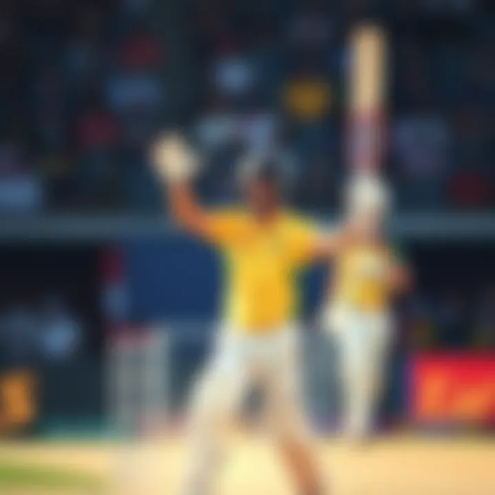 A cricket player celebrating after hitting six runs during a match