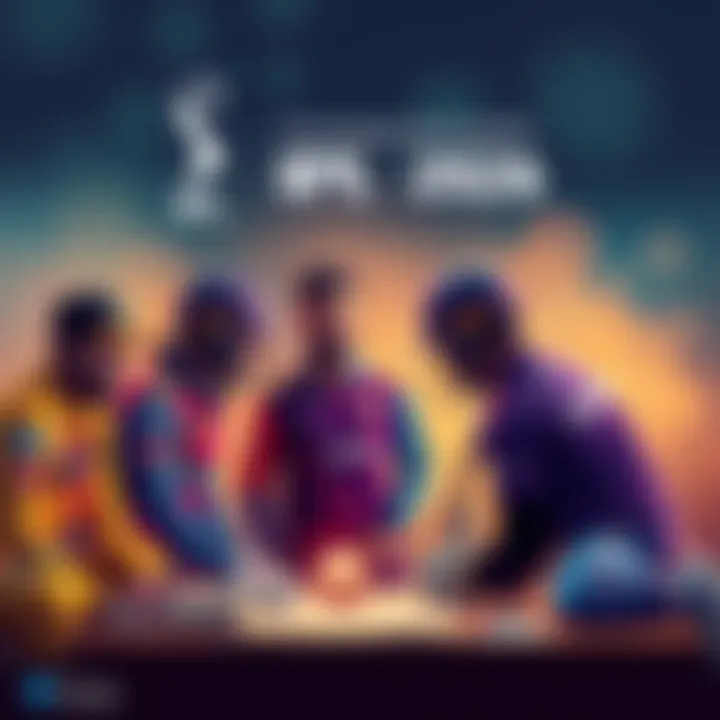 A group of cricket players discussing their game plans for IPL 2026, showing determination and teamwork.