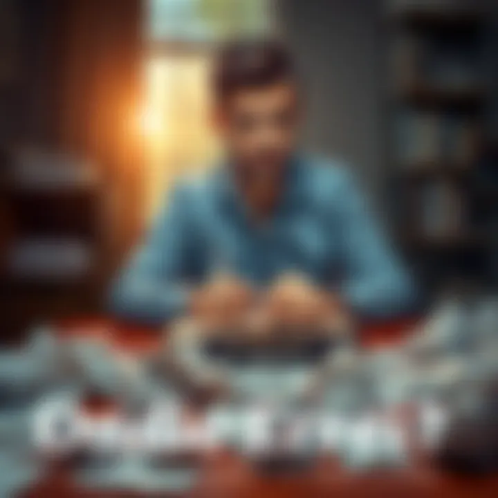 A person sitting at a desk with a notebook, looking thoughtfully at their decisions, surrounded by crumpled papers symbolizing mistakes.