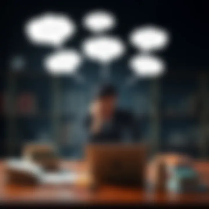 A person sitting at a desk with books and a laptop, pondering over ideas with a thoughtful expression. Various opinion bubbles float above their head, symbolizing different thoughts.