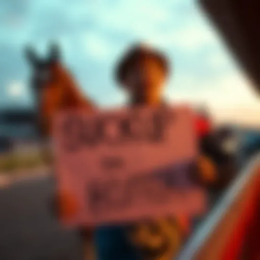 A person holding a sign criticizing NBC and Randy Moss for their support of trainer Bob Baffert during a horse race event