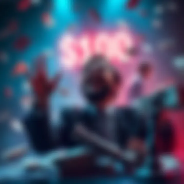 A person celebrating after winning $100 from a $3 crossword puzzle bet, surrounded by cash and a crossword board.