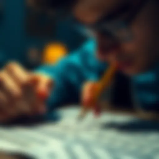 A person focusing on a crossword puzzle, marking letters with a pencil