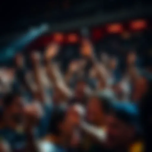 A lively crowd cheering after a victory, with hands in the air and smiles all around, reflecting the thrill and emotional impact of the moment.