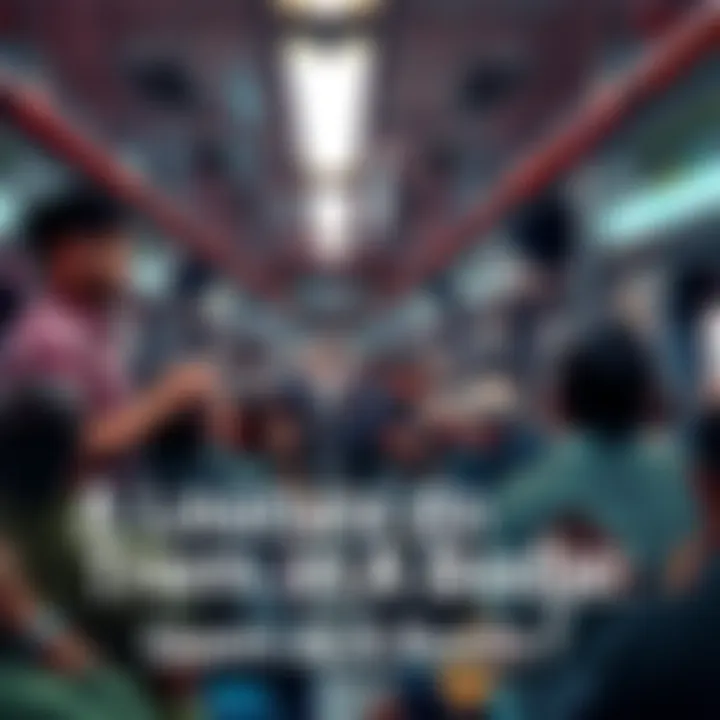 A busy train filled with passengers, showing various people engaged in conversation and checking their phones, creating a lively atmosphere.