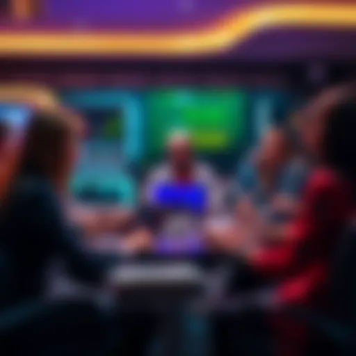 People discussing crowdfunding project with laptops and notes in a modern setting.