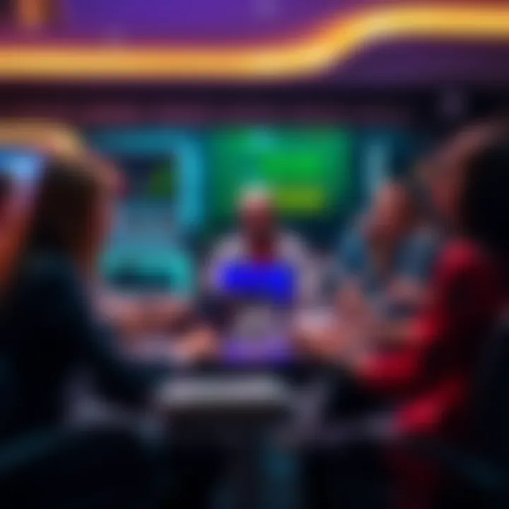 People discussing crowdfunding project with laptops and notes in a modern setting.