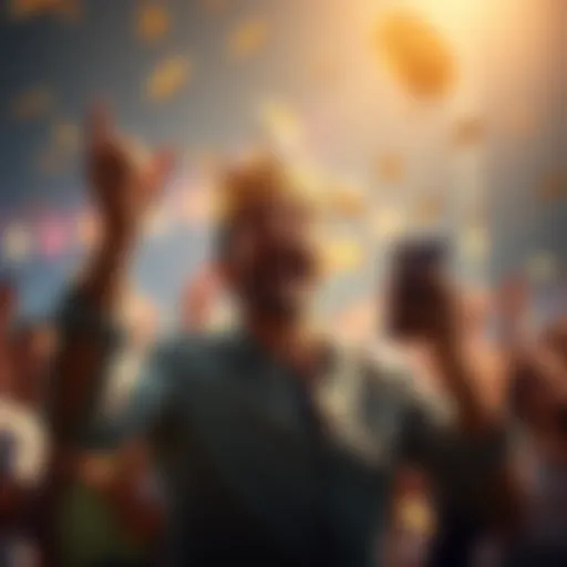 A person celebrating after winning a prize on the Crown Coins app, with coins and a mobile phone in hand.