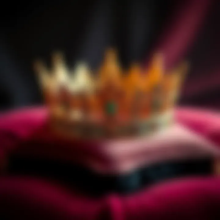 A golden crown placed on a velvet cushion, symbolizing the influence of kings in modern culture.