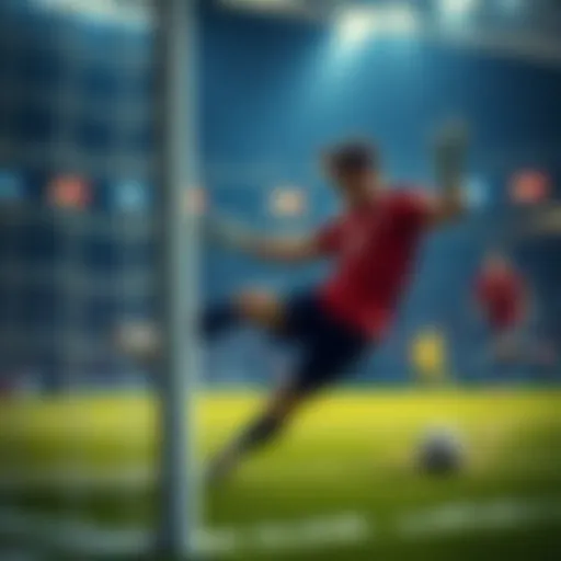A soccer player making a crucial save to prevent a goal during an intense match.