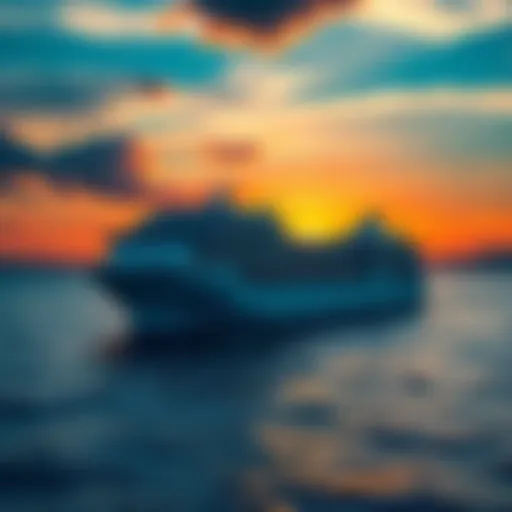 A large NCL cruise ship sailing on calm waters with a beautiful sunset in the background.