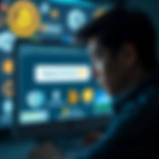 A person looking frustrated at a computer screen showing a 'deposit failed' message. The background has images of various cryptocurrencies like Bitcoin and Ethereum.