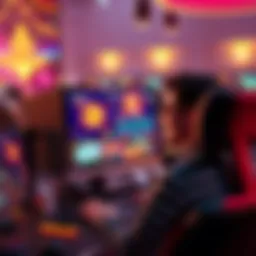 A happy person sitting at a computer with casino graphics and cryptocurrency symbols on screen, representing online crypto gambling.