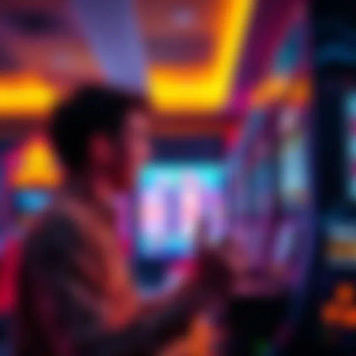 Crypto Casino Experience A player at a digital casino, excitedly watching the screen with colorful slot machines and flashing lights, reflecting on their betting journey.