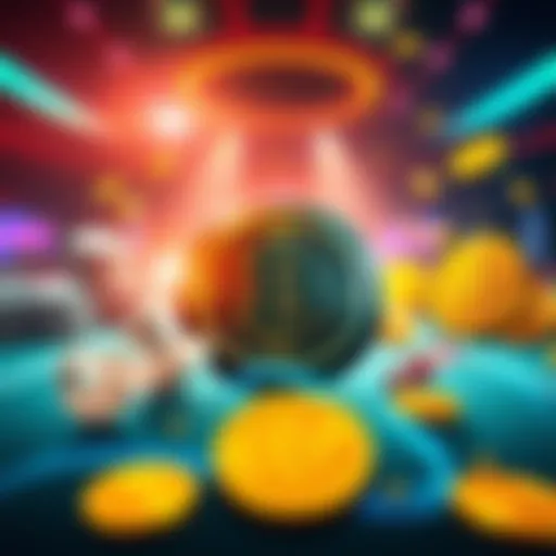 A digital representation of a casino featuring cryptocurrency symbols like USDT and BTC, highlighting symbols of quick withdrawals and gaming options.