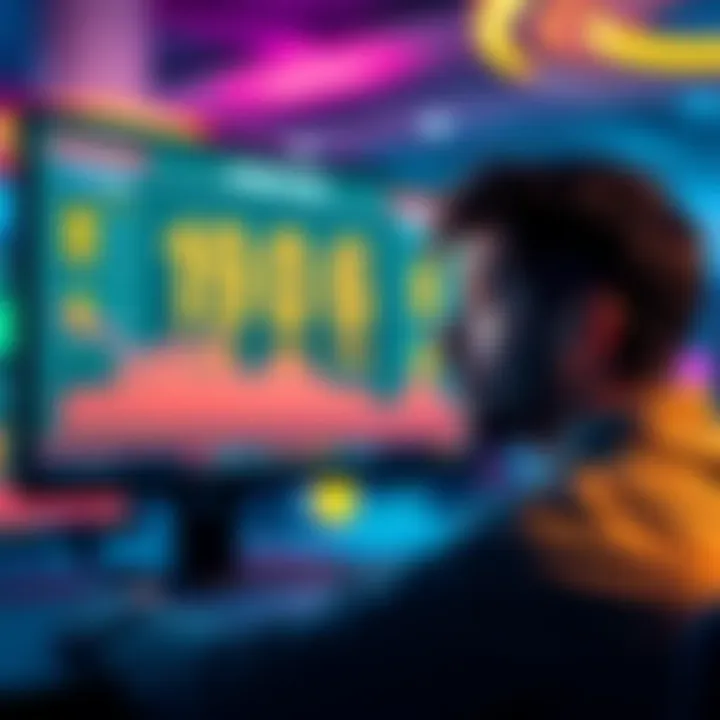 A person looking worried at a computer screen showing gambling losses, with casino graphics in the background.