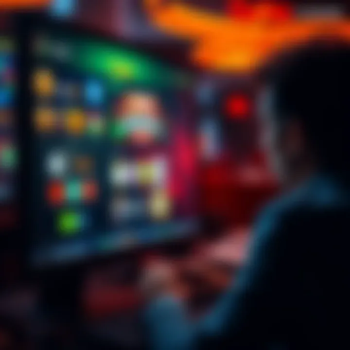 A close-up of a computer screen displaying a crypto casino interface with various game options and a player contemplating their next move.