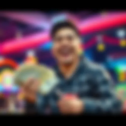 A man joyfully holds cash from his first successful withdrawal at a cryptocurrency casino, smiling with excitement.