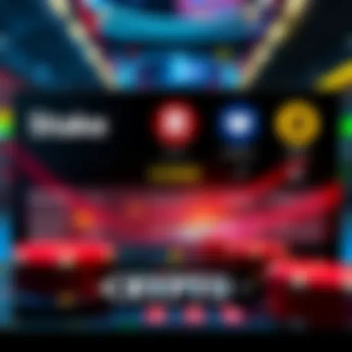 A digital display showing different cryptocurrency casinos with icons of Stake, Roobet, Gamdom, and Rollbit. Each platform has pros and cons listed.