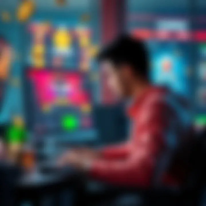 Crypto Gambling Scene A person sitting at a computer, focused on a crypto gambling website, with colorful graphics of cryptocurrencies and casino elements around them.