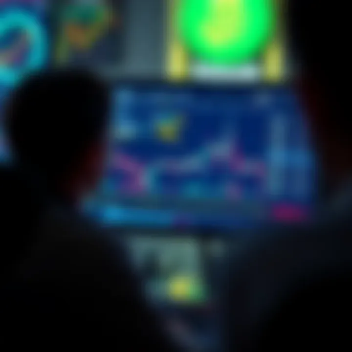 A person looking at a computer screen displaying cryptocurrency charts and news updates
