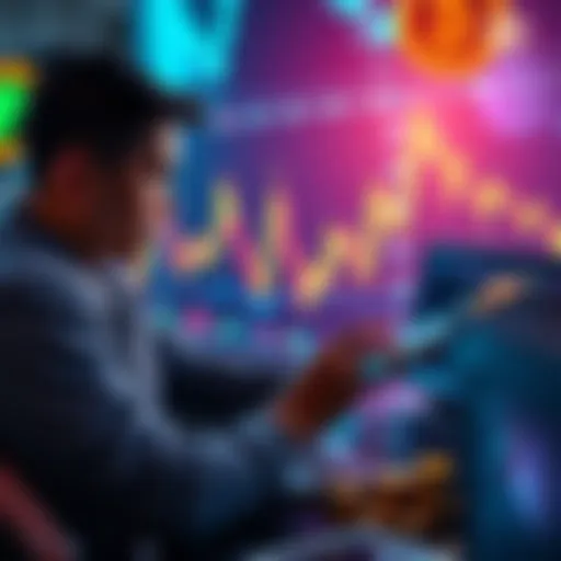 A person analyzing cryptocurrency charts with coins and a laptop, symbolizing crypto staking and investment opportunities.