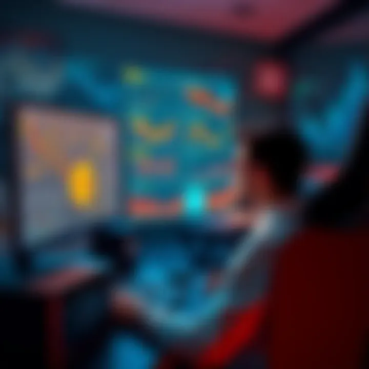 A person sitting at a computer looking at cryptocurrency bonuses with charts and graphs on the screen