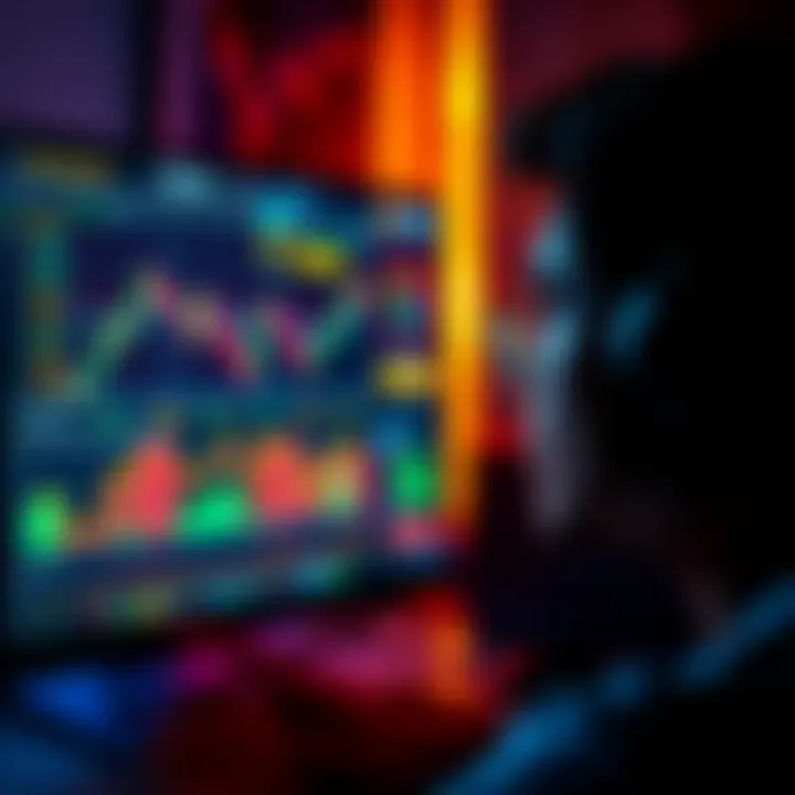 A person looking at a computer screen displaying cryptocurrency charts and bonus notifications