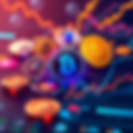 A graphic showing different cryptocurrencies with bonus icons and charts representing their value.