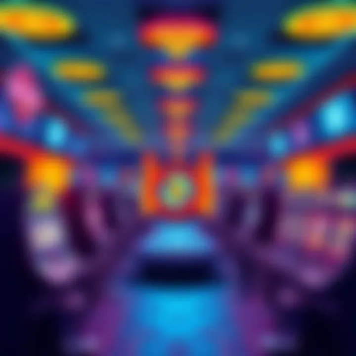 Cryptocurrency Casino Concept A digital illustration showing a vibrant cryptocurrency casino filled with slot machines and gaming tables, highlighting no KYC signs and digital currency symbols like Bitcoin and Ethereum.