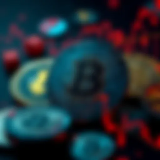 A digital representation of cryptocurrency coins with political symbols in the background, showcasing the impact of US regulations on the market
