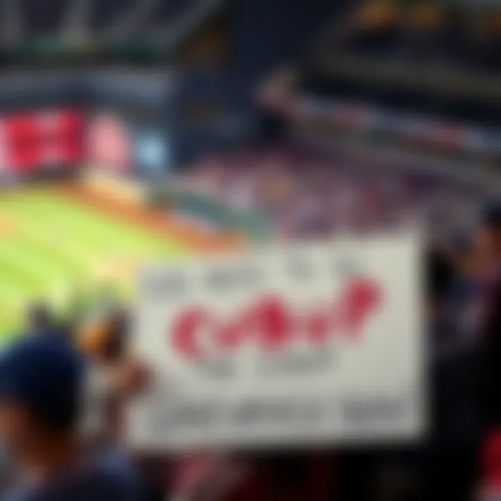 A frustrated Cubs fan holds a sign about the team's controversial lineup, surrounded by fellow supporters at a game.