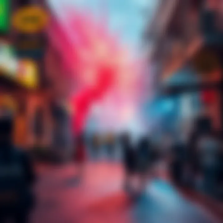 A vibrant street scene showing people engaging in cultural expressions related to Bang Bang, with colorful art and lively interactions.