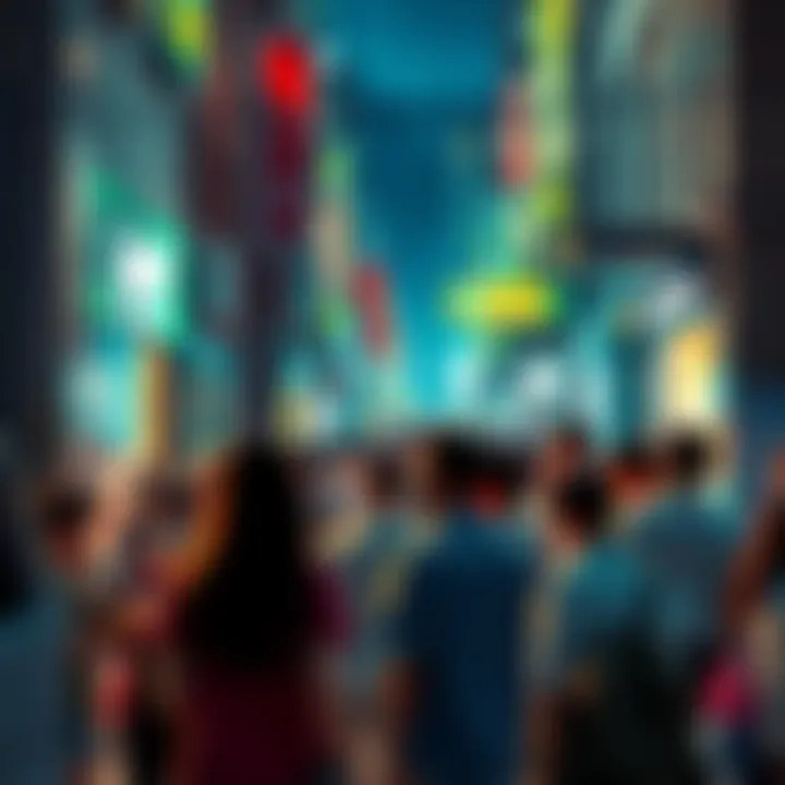 A vibrant street scene showing people engaged in discussions, reflecting the influence of Sigh Igh bru on contemporary culture.