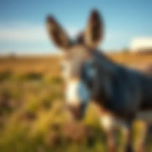 A donkey standing in a grassy field, looking curiously at the camera.