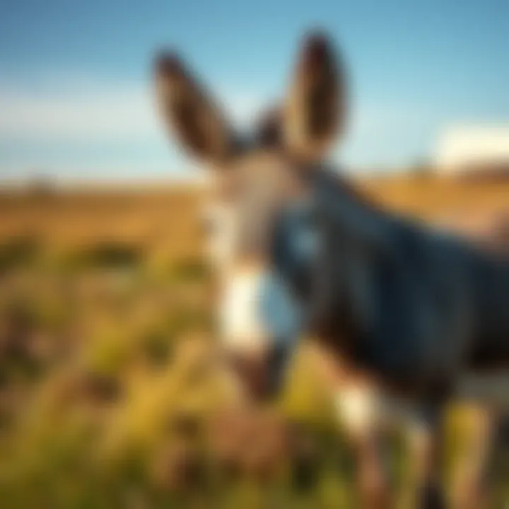 Curious donkey in a field A donkey standing in a grassy field, looking curiously at the camera.
