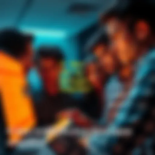 A group of people looking at a message on a screen, discussing its meaning with puzzled expressions.