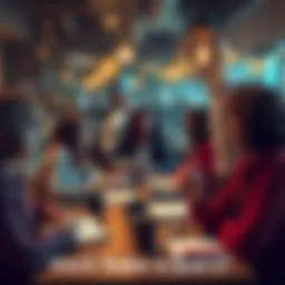 A group of people sharing thoughts and insights on a topic at a table with notebooks and cups of coffee.