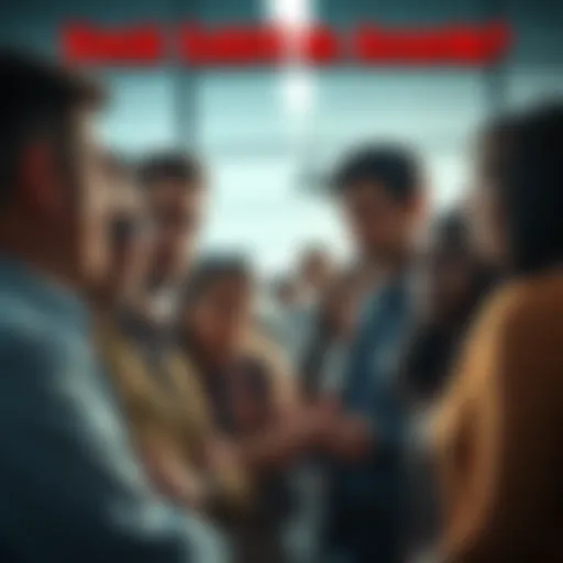 A group of people engaged in conversation, looking intrigued by a warning message, with expressions of curiosity and concern.