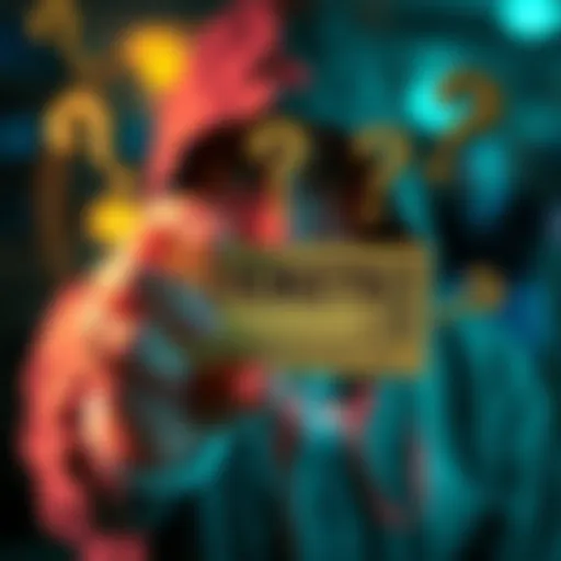 A person holding a mysterious ticket with question marks around them