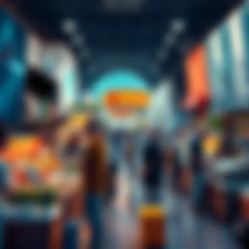 A group of diverse people engaged in a dynamic marketplace, showcasing various products and interactions in a modern setting.