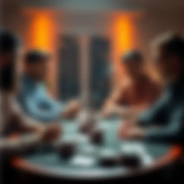 A group of friends discussing a custom poker hand inspired by Fibonacci sequences at a table with poker cards and chips.