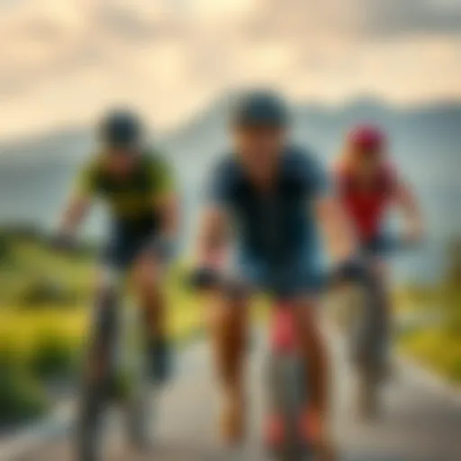A group of cyclists riding through a scenic route, showcasing excitement and adventure in their expressions.