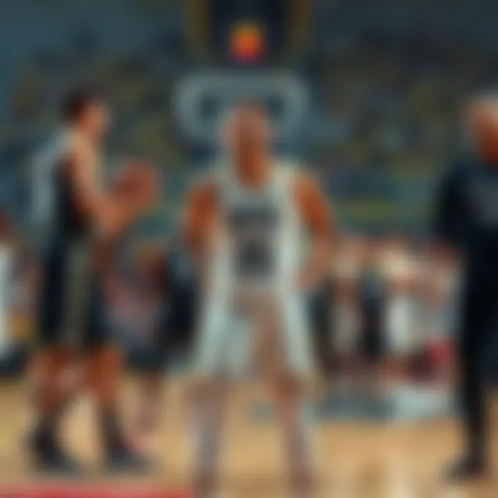 D White showing disappointment during a basketball game after failing to make any rebounds, surrounded by teammates and opponents.