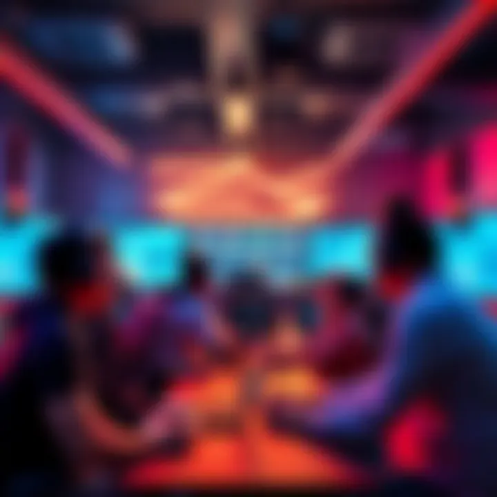 A group of people engaged in a lively discussion about esports betting strategies, with gaming screens in the background.