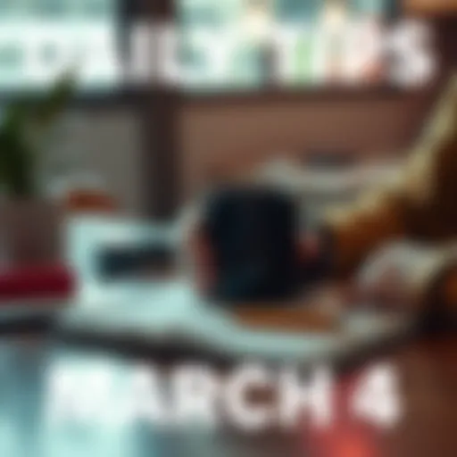 A person writing daily tips in a planner with a coffee mug on the table.